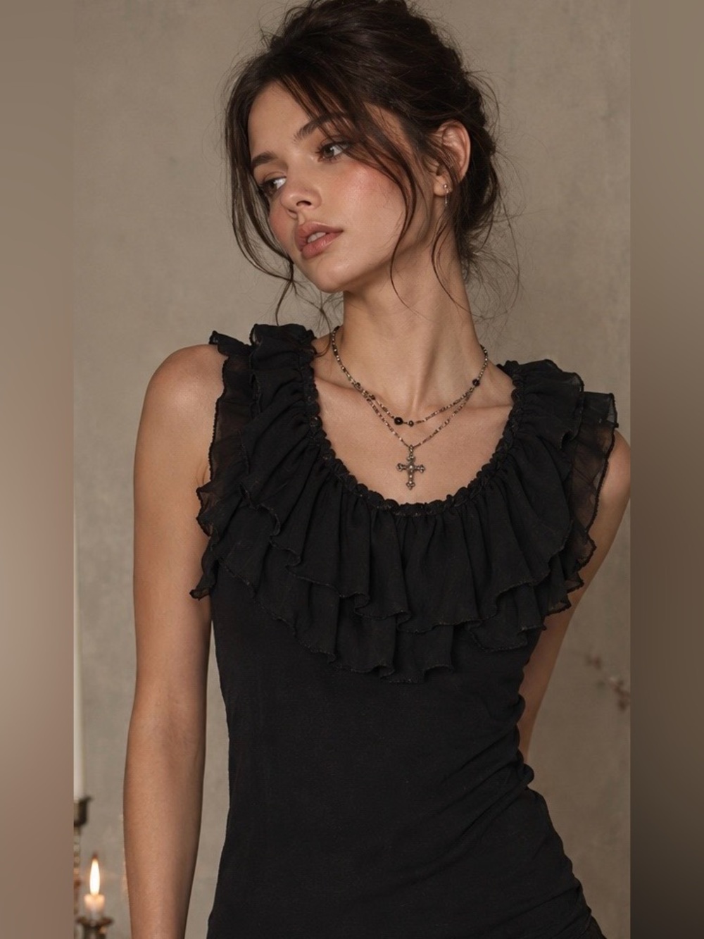 Kische Black Ruffle Top Y2K Coquette Goth Fairy Romantic Tank L
